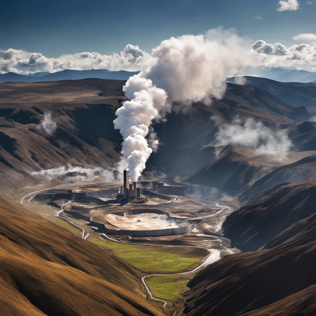 An image showcasing a vast, mountainous landscape with steam rising from deep fissures in the earth's crust