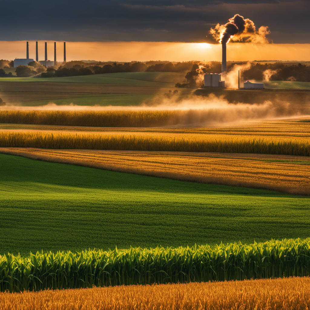 An image featuring a picturesque landscape of vast cornfields in rural Iowa, with a geothermal power plant seamlessly integrated into the scene