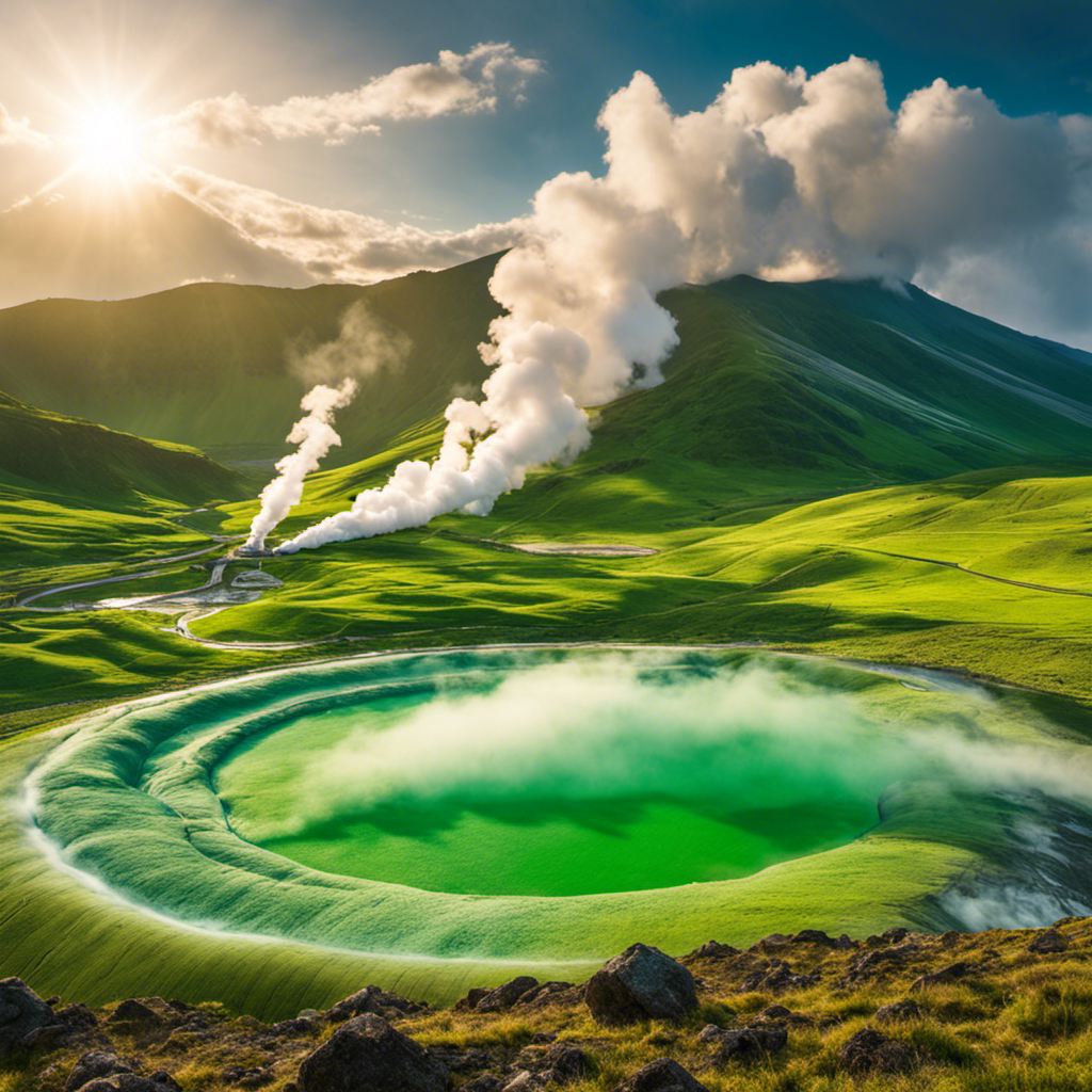 An image showcasing a vast landscape dotted with numerous geothermal power plants, each releasing wisps of steam into the air