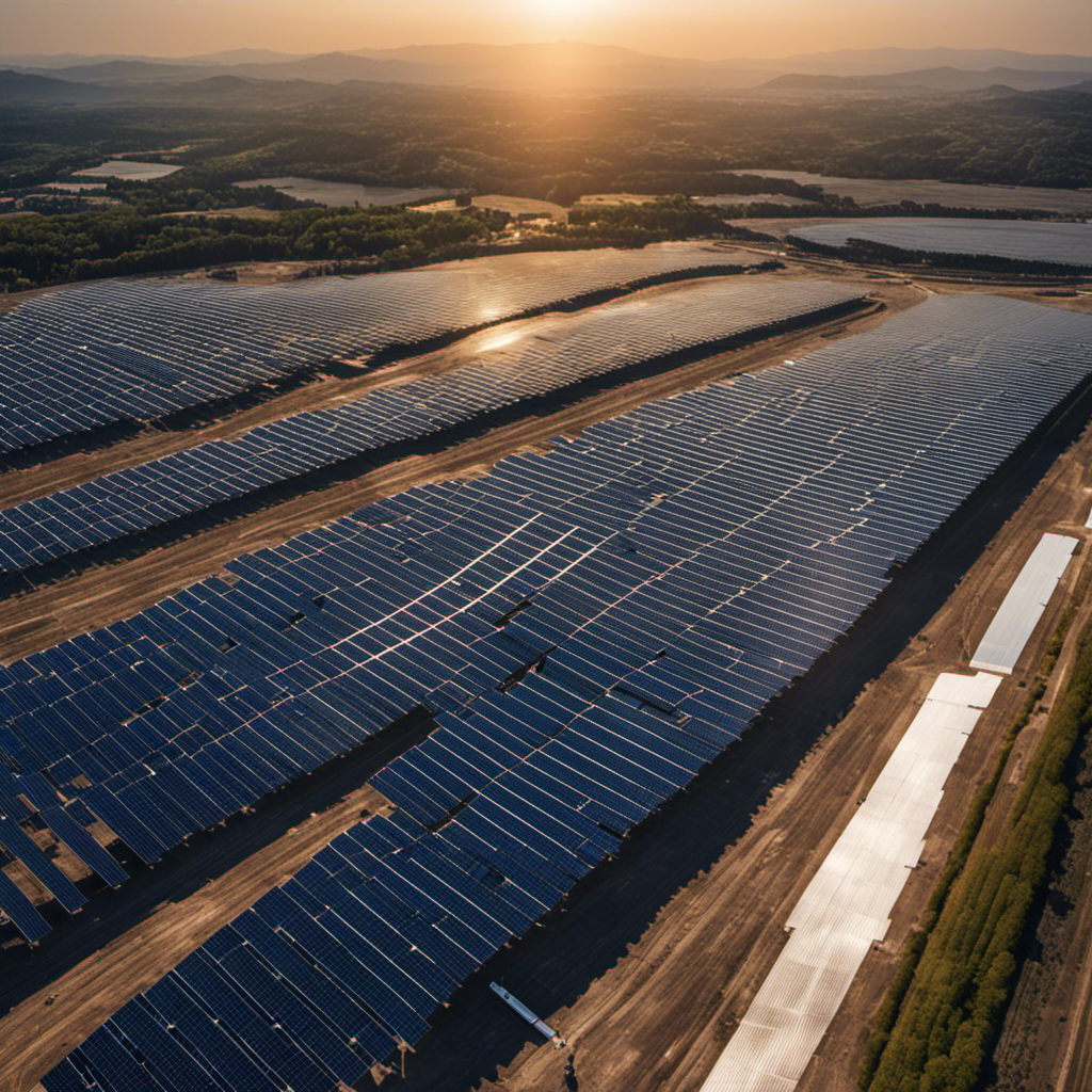 An image showcasing a vast solar farm with rows of sleek, high-efficiency solar panels glistening under the sun