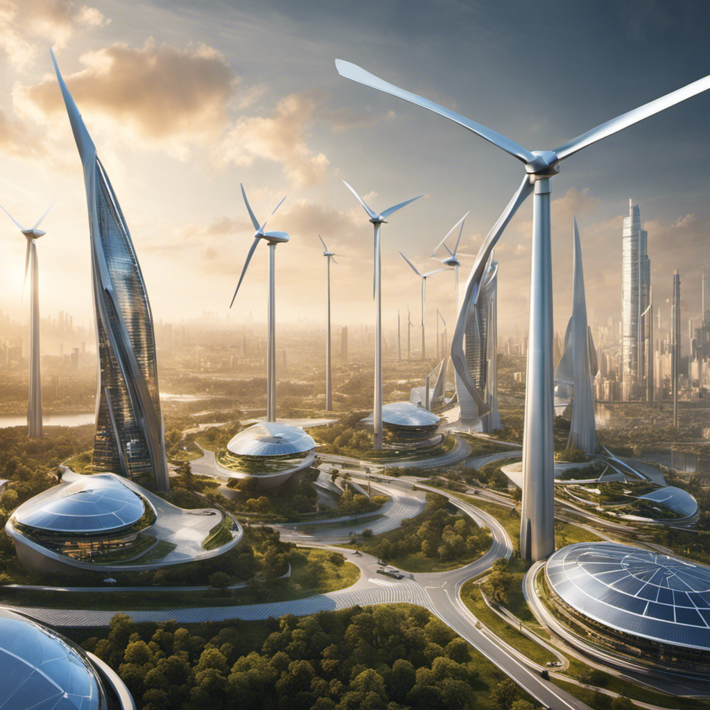 An image showcasing a futuristic cityscape, adorned with sleek and efficient wind turbines and solar panels integrated seamlessly into the architecture, bustling with clean and sustainable energy