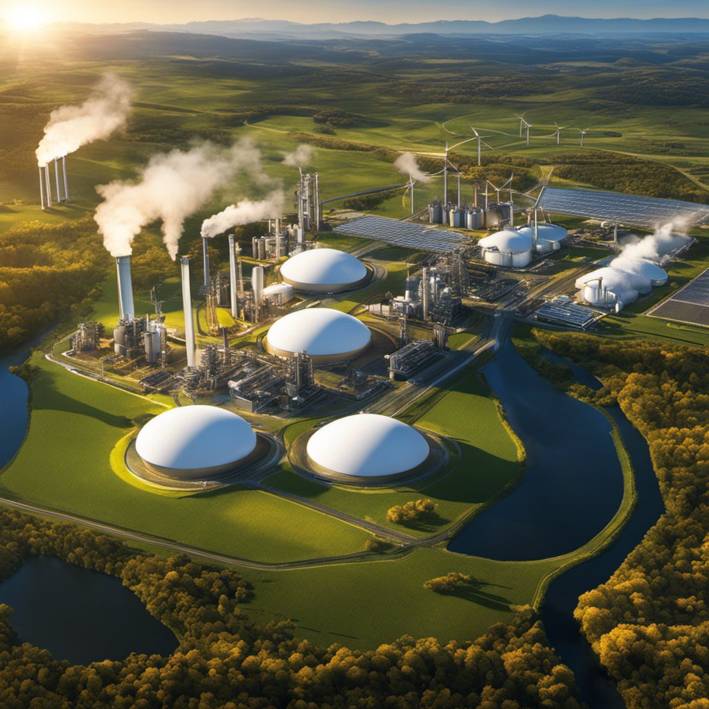 An image that showcases a diversified energy landscape, highlighting contrasting elements: a biofuel refinery emitting steam, solar panels glistening under the sun, wind turbines gracefully rotating, and geothermal power stations harnessing Earth's natural heat