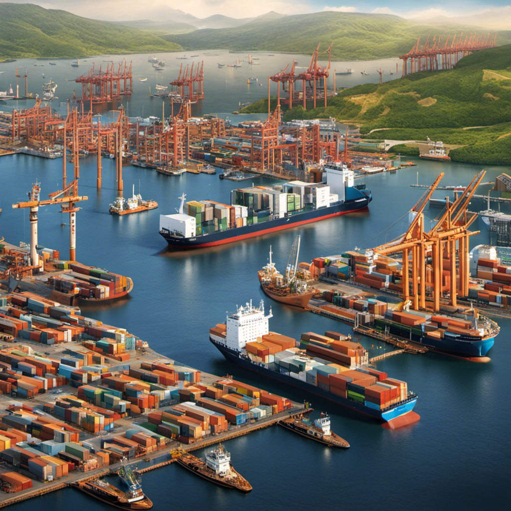 An image showing a bustling harbor with cargo ships powered by clean energy, emitting zero emissions