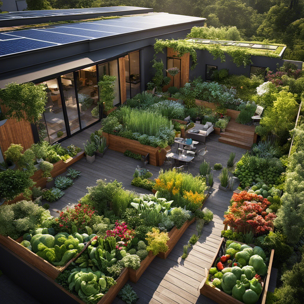 An image showcasing a lush rooftop garden with vibrant, organic vegetables thriving amidst solar panels, rainwater harvesting system, and a bike parked nearby, reflecting how low impact living harmoniously blends sustainability, self-sufficiency, and a healthier lifestyle