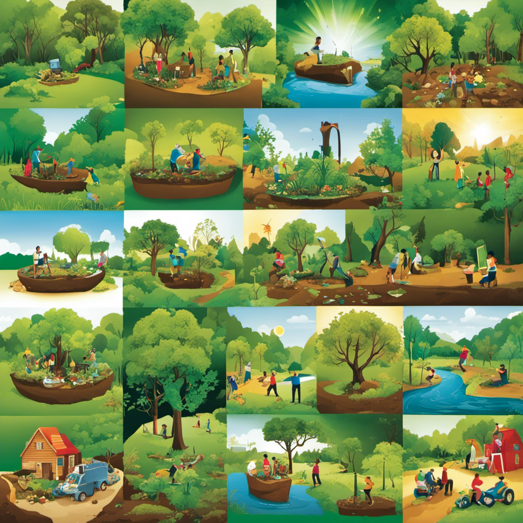 An image that portrays a diverse group of individuals engaged in hands-on environmental activities like recycling, planting trees, and conserving energy, showcasing how empowering environmental education fosters a significant reduction in carbon footprints
