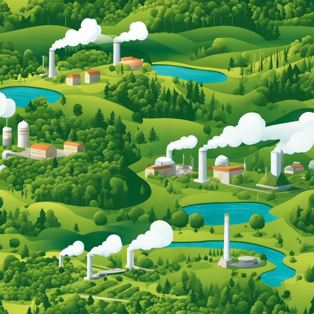 An image depicting a lush green landscape with geothermal power plants seamlessly integrated, emitting no greenhouse gases