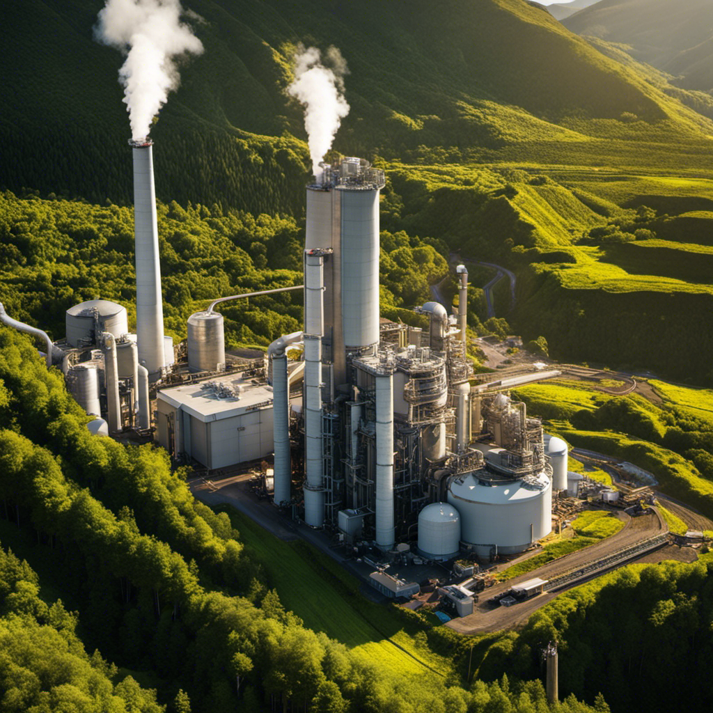 E showcasing an expansive geothermal power plant nestled in a lush valley, with workers in vibrant safety gear operating machinery and technicians inspecting towering turbines, symbolizing the abundant job opportunities that arise from geothermal energy