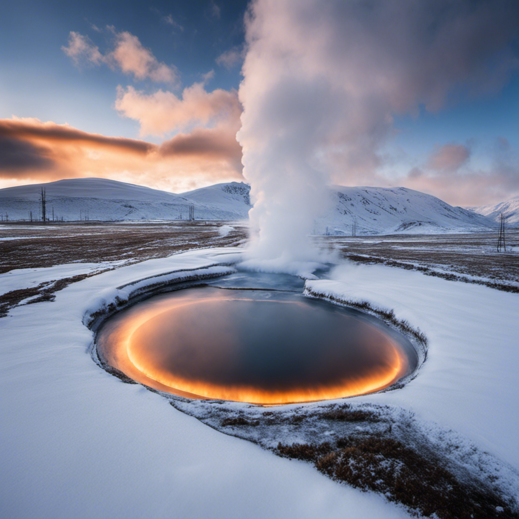 An image that showcases the underground network of geothermal pipes extending beneath a snow-covered landscape, with wisps of steam rising from the ground, showcasing how geothermal energy sustains warmth in winter