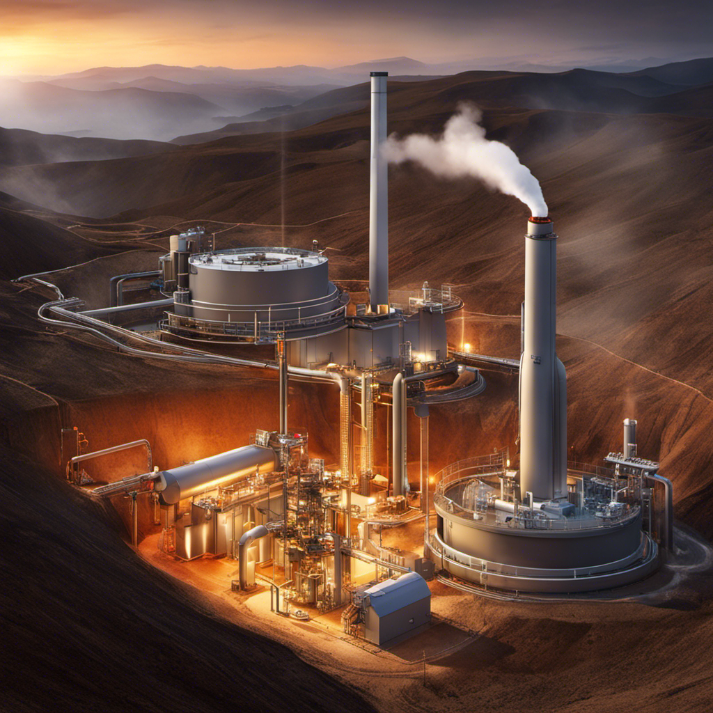 An image that illustrates the intricate process of geothermal energy generation, showcasing a deep well reaching into the Earth's core, with pipes circulating underground hot water, powering a turbine, and finally producing clean electricity