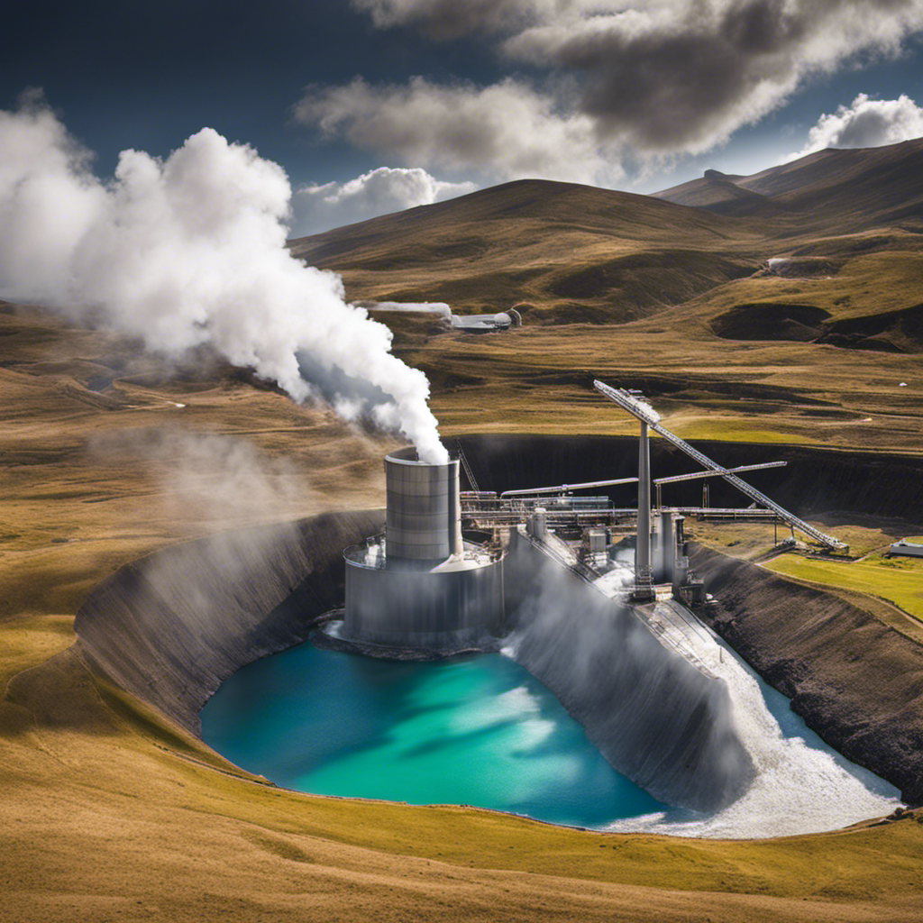 An image showcasing the process of geothermal energy: deep underground, hot water and steam rise through wells, spinning turbines aboveground, generating clean electricity