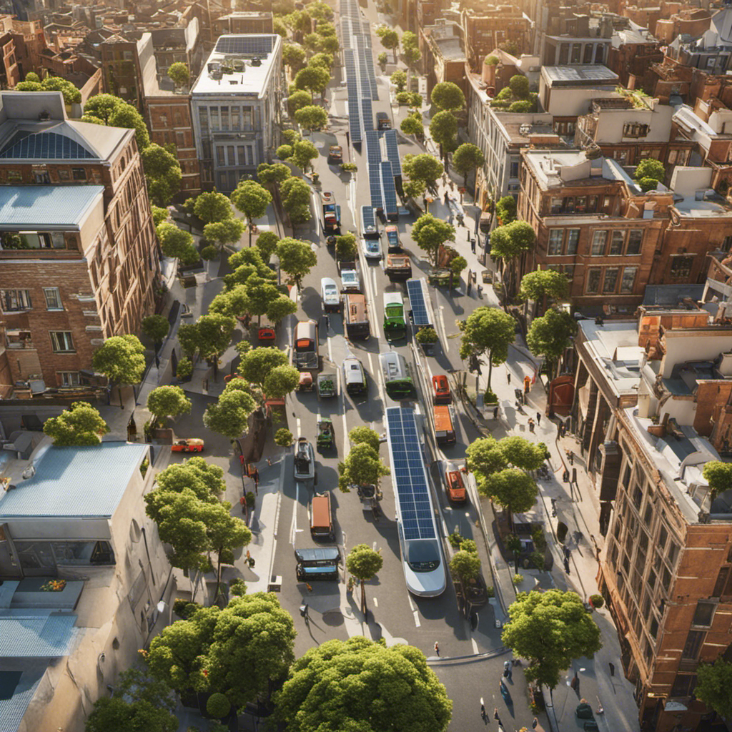 An image showcasing a bustling city street, lined with eco-friendly businesses, solar panels on rooftops, and electric vehicles, illustrating how government intervention fosters the growth of sustainable businesses