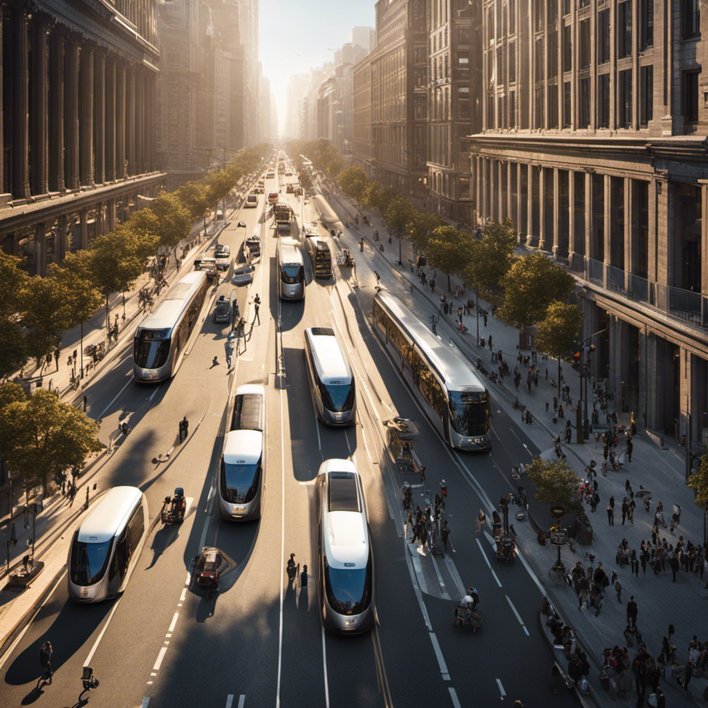 An image showcasing a bustling cityscape with various modes of transportation seamlessly integrated, including buses, trams, bicycles, and pedestrians