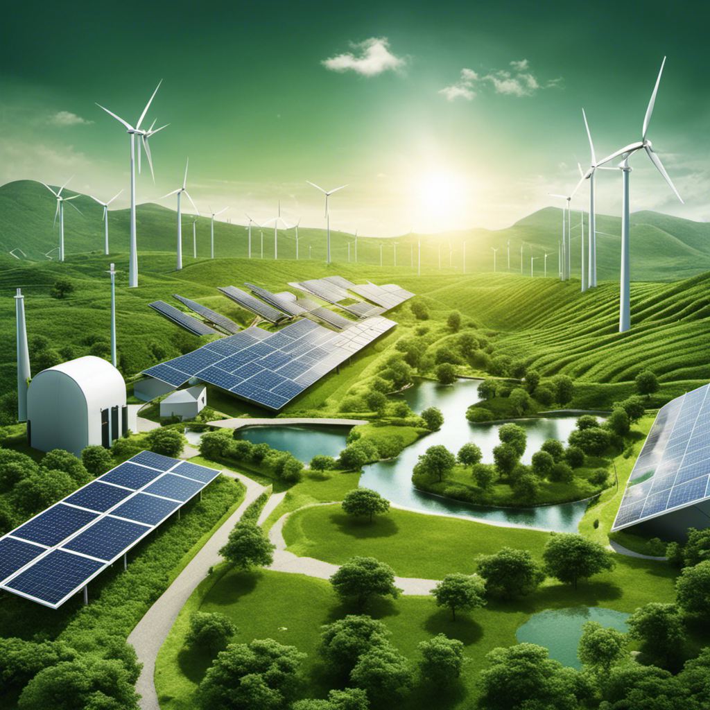 An image showing a lush green landscape with a factory emitting zero emissions, accompanied by solar panels, wind turbines, and recycling facilities, all symbolizing the integral role of operational sustainability in building a sustainable business