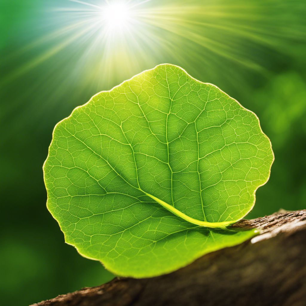 An image of a vibrant green leaf bathed in sunlight, with rays piercing through chloroplasts