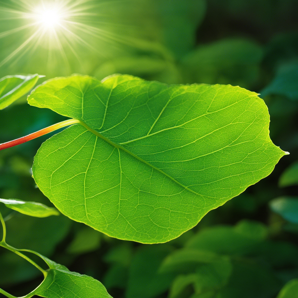 An image showcasing a vibrant green leaf, bathed in sunlight, as it converts solar energy into life-sustaining nourishment through the intricate process of photosynthesis