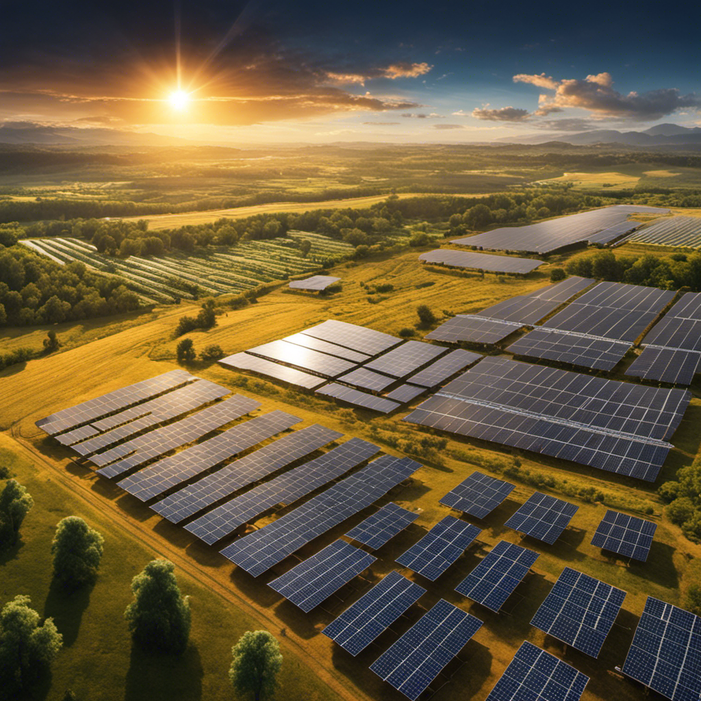 An image of a vibrant solar panel farm stretching across a vast landscape, casting a golden glow on surrounding communities
