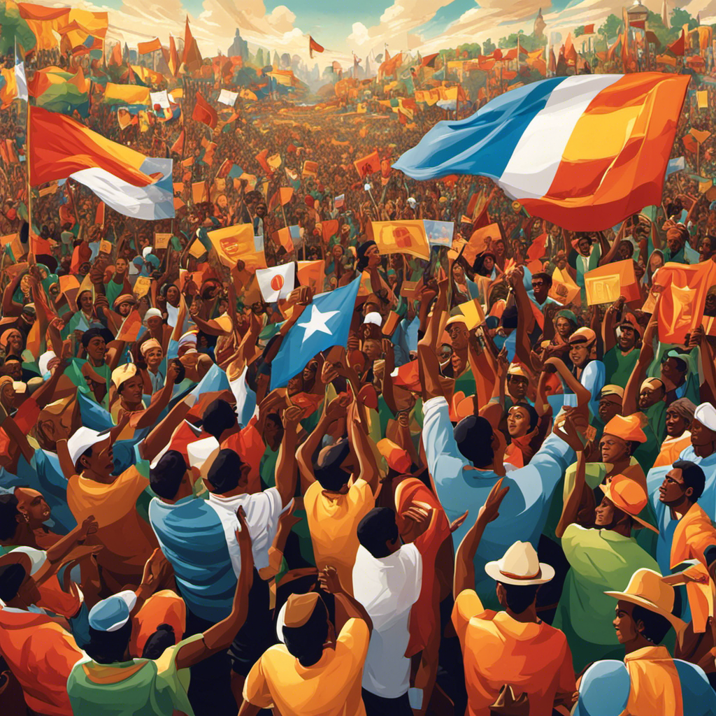 An image that depicts a vibrant political rally, with a diverse crowd holding banners and placards adorned with solar panels, symbolizing the profound influence of solar energy on shaping political movements and policies