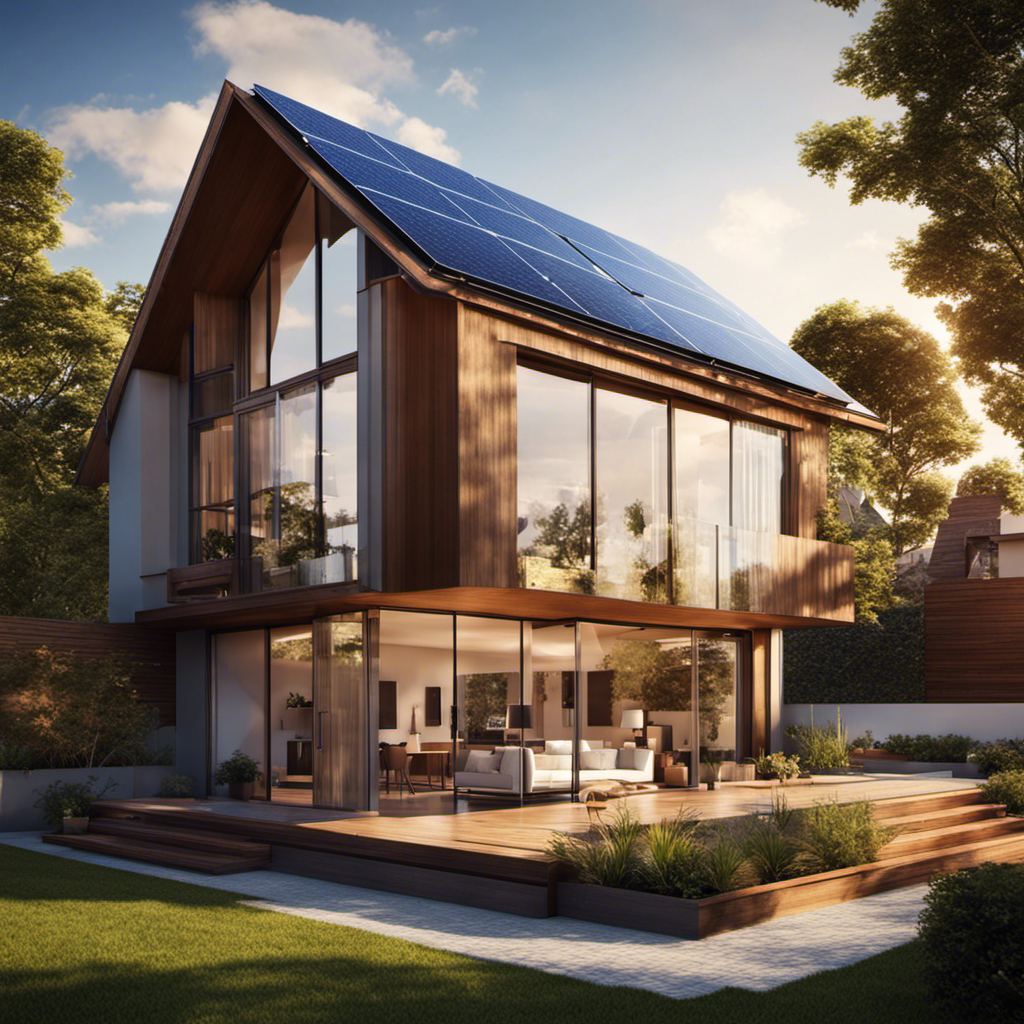 An image showcasing a modern residential rooftop with solar panels, bathed in vibrant sunlight