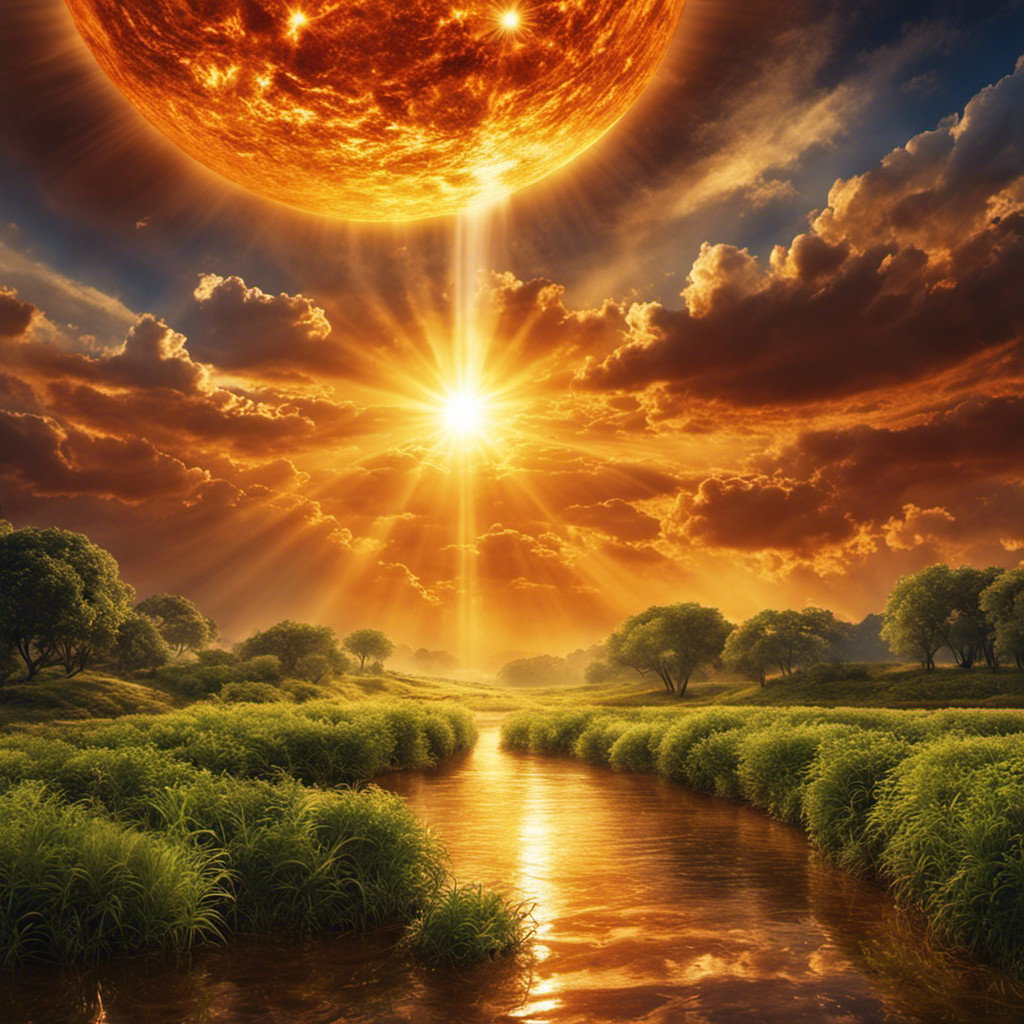 An image showcasing the intricate journey of solar energy from the sun to Earth, depicting vibrant rays piercing through the atmosphere, penetrating clouds, and ultimately illuminating the planet's surface with a warm, golden glow