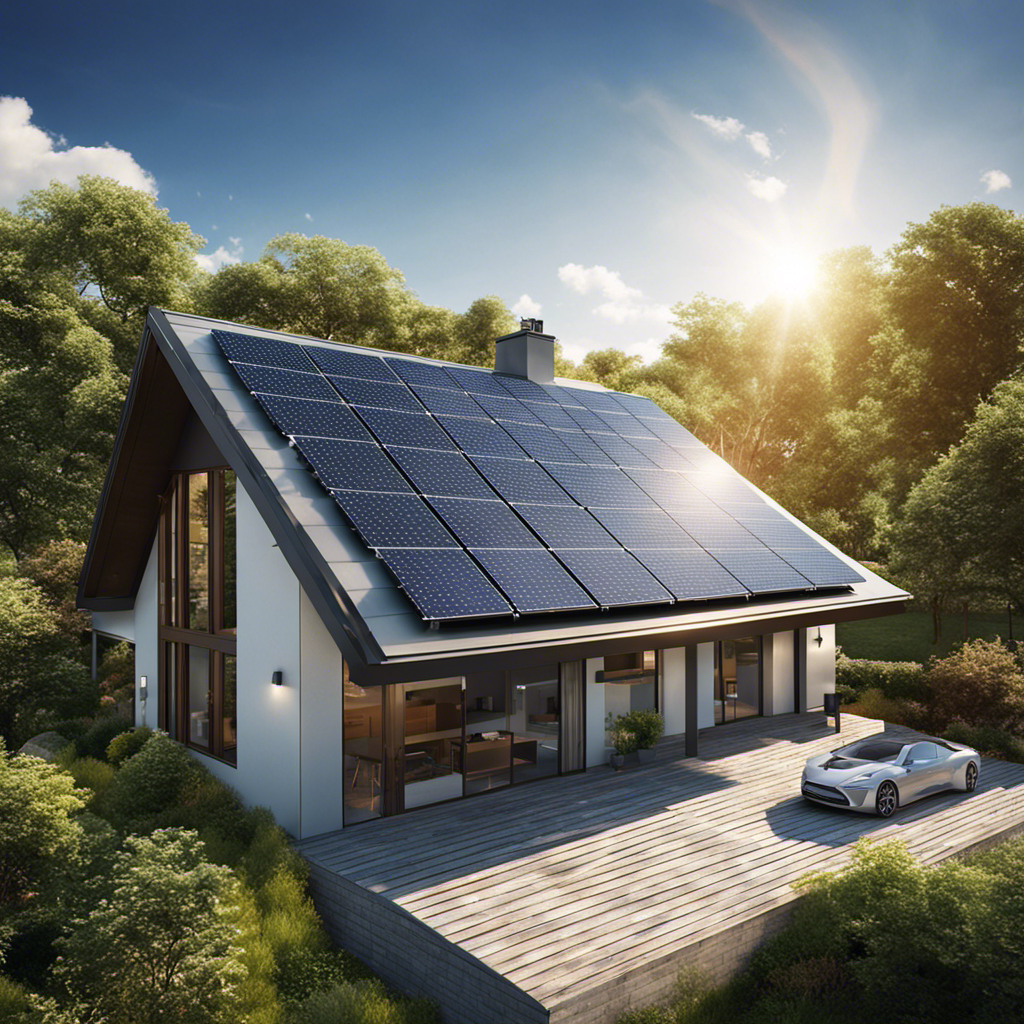 An image showcasing a rooftop solar panel system, capturing the sunlight's rays transforming into electricity through photovoltaic cells, which then powers a home while surplus energy is sent back to the grid