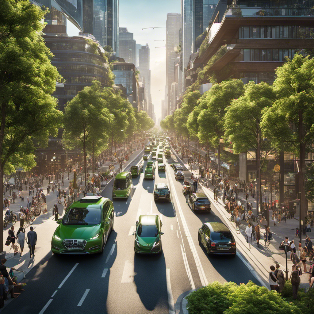 An image showcasing a bustling city street, filled with pedestrians, cyclists, and electric vehicles