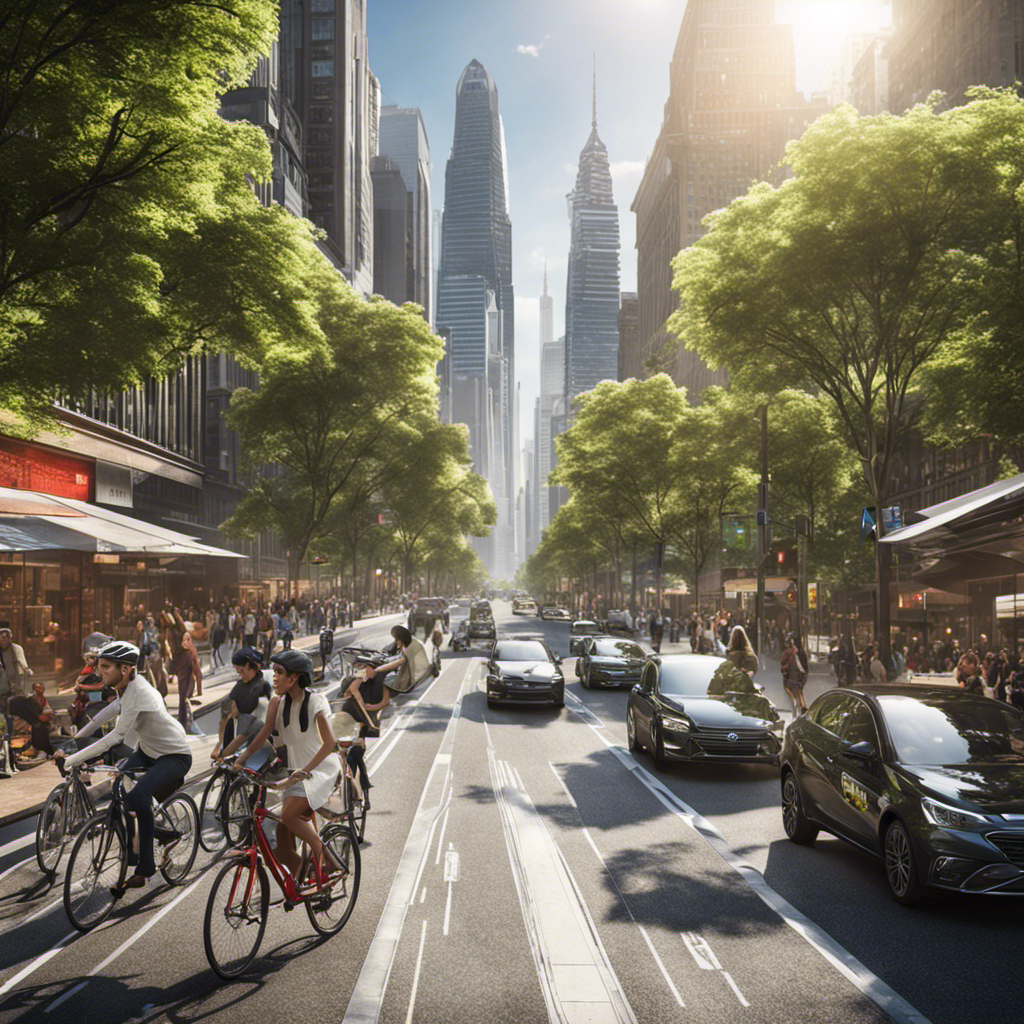 An image of a bustling cityscape, with a vibrant network of bicycle lanes and pedestrian-friendly streets intertwining seamlessly with efficient public transportation systems, showcasing the harmonious integration of sustainable transport into the fabric of infrastructure, policy, and culture