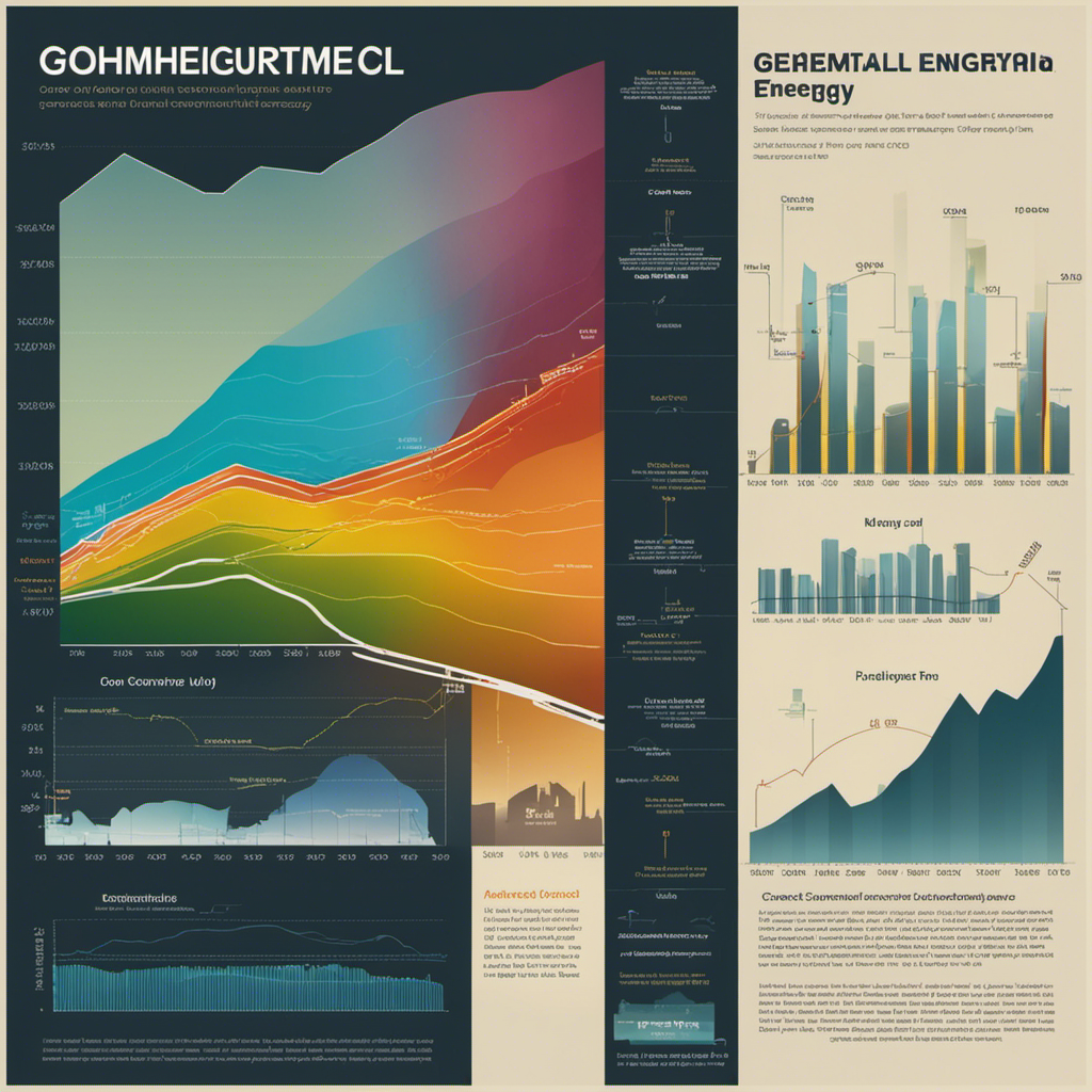An image showcasing two parallel graphs with distinct color schemes: one depicting the cost fluctuations of geothermal energy over time, gradually declining, and the other illustrating the rising cost trend of fossil fuels