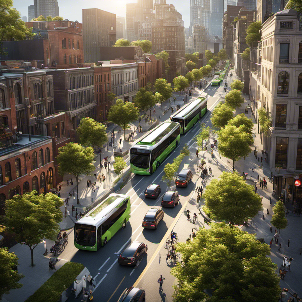 An image depicting a bustling urban street with dedicated bike lanes, electric buses, and pedestrian-friendly sidewalks