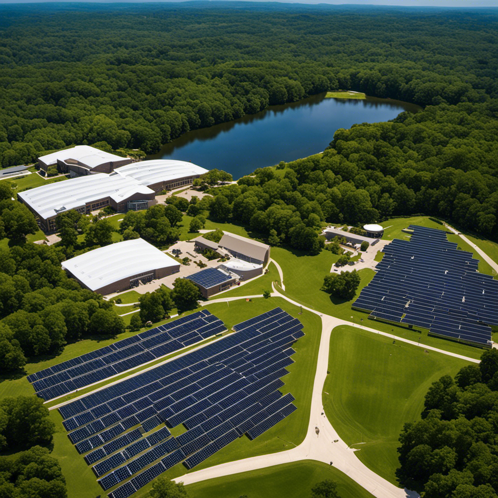 An image showcasing a vibrant aerial view of Catawba College's solar energy production capacity, surrounded by a lush green landscape, juxtaposed with silhouettes of other North Carolina colleges, highlighting its comparative scale