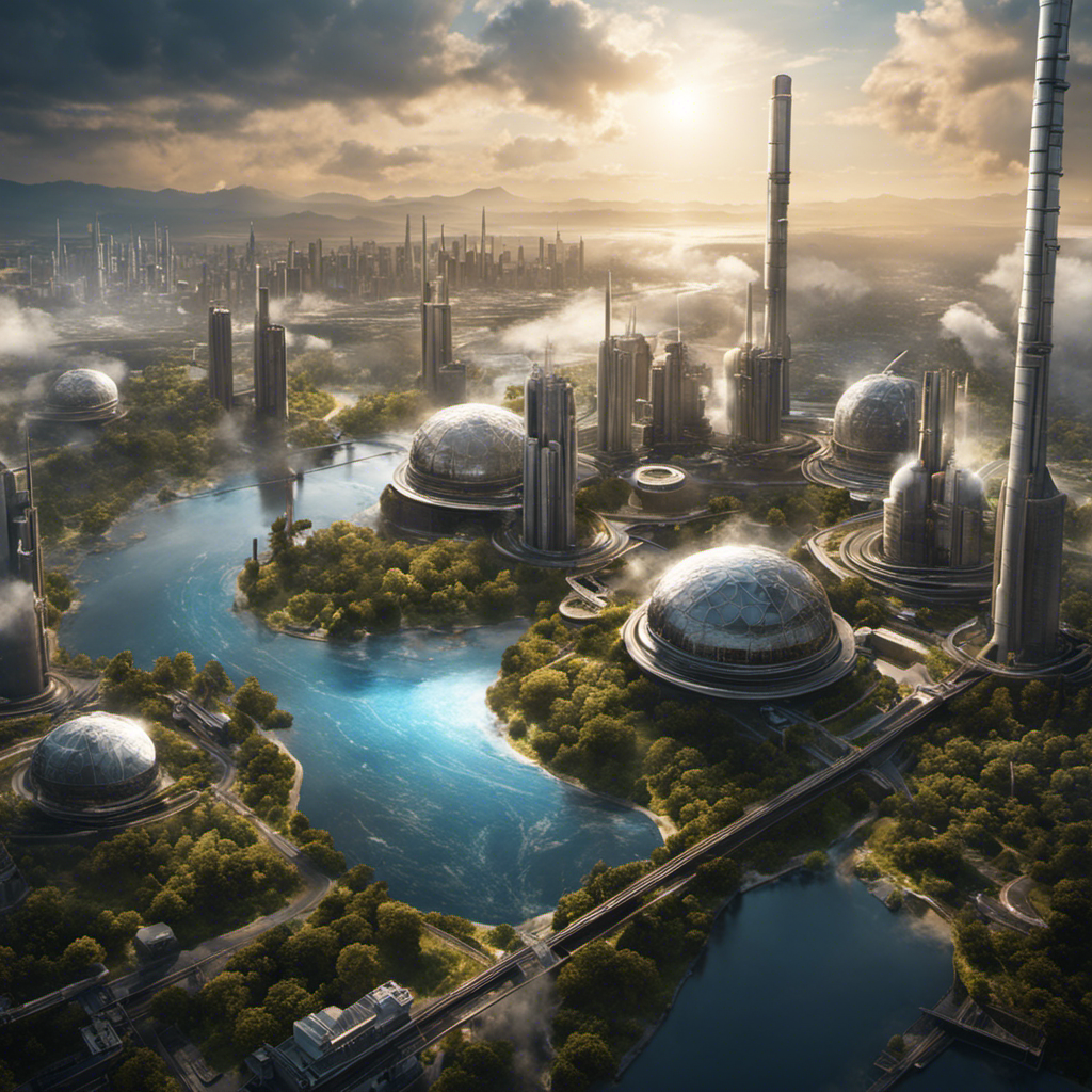 An image depicting a futuristic cityscape with towering geothermal power plants integrated seamlessly into the urban environment, emitting clean steam and harnessing Earth's heat to power homes and industries