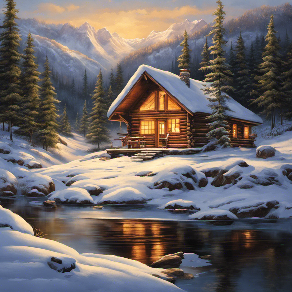 An image depicting a cozy, snow-covered cabin nestled amidst a winter landscape, emanating warmth from a geothermal system