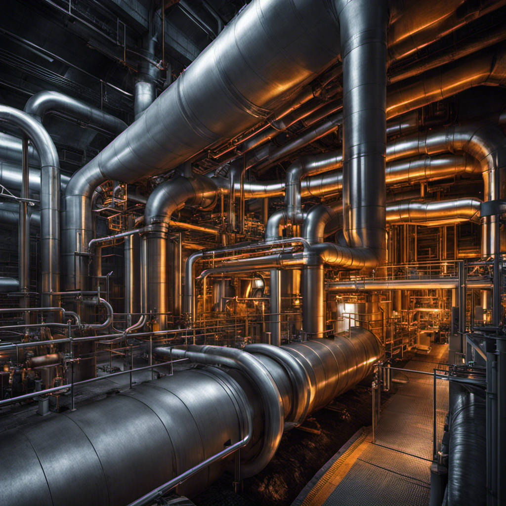 An image showcasing a vast underground network of pipes interconnecting with a geothermal power plant, where steam rises from deep within the Earth's core and turbines efficiently convert this energy into electricity
