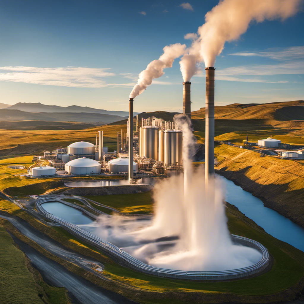 An image showcasing a vibrant geothermal power plant against a backdrop of a clear blue sky, with multiple turbines elegantly spinning, highlighting the cost-effectiveness of geothermal energy per kWh