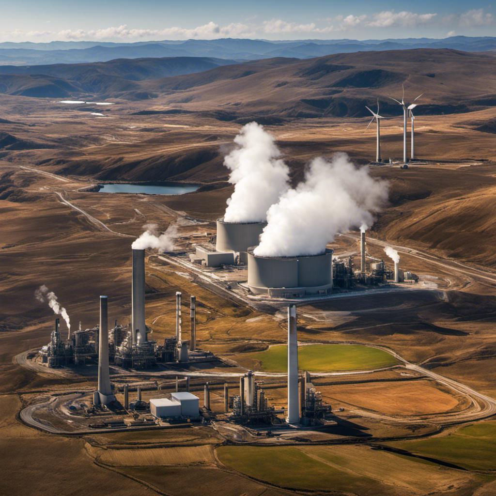 An image showcasing a vast geothermal power plant, with towering turbines harnessing the earth's heat