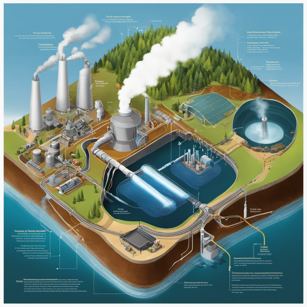An image showcasing the intricate process of harnessing geothermal energy, depicting underground reservoirs of heated water, a geothermal power plant, and the transfer of heat into usable electricity through turbines and power lines