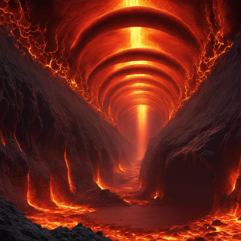 An image showcasing a massive underground reservoir of scorching magma, with a network of intricate pipes reaching down, extracting the intense heat and transforming it into electricity, symbolizing geothermal energy's power generation
