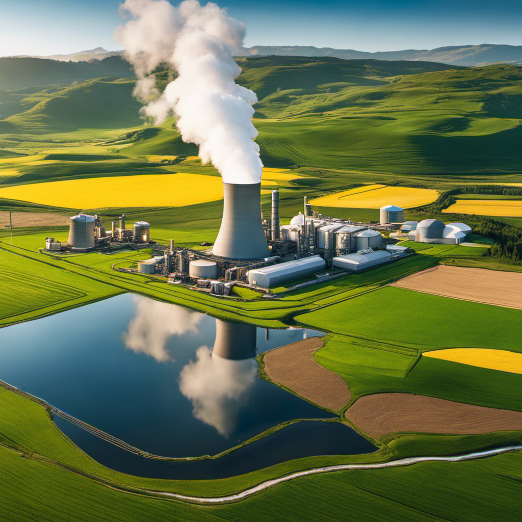 An image showcasing a geothermal power plant nestled in a vast agricultural landscape