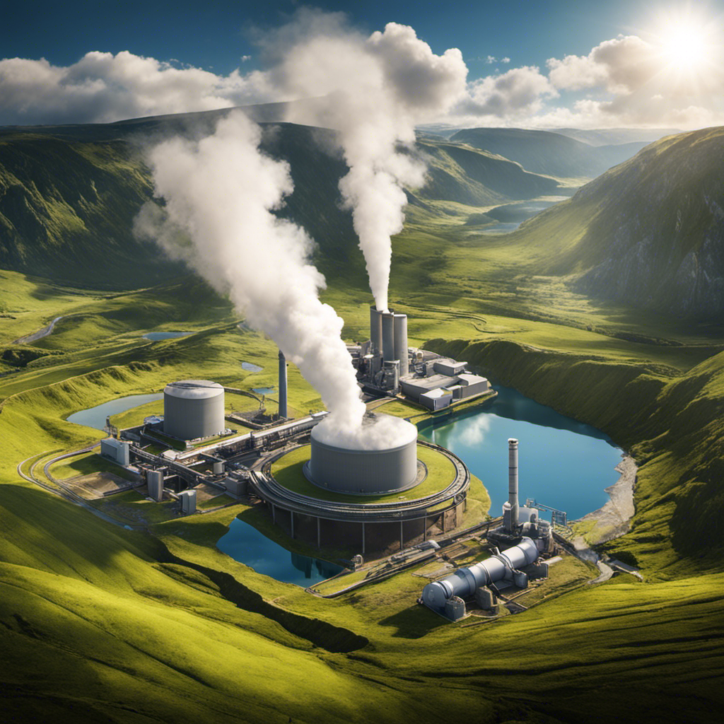 An image showcasing a geothermal power plant nestled in a picturesque landscape