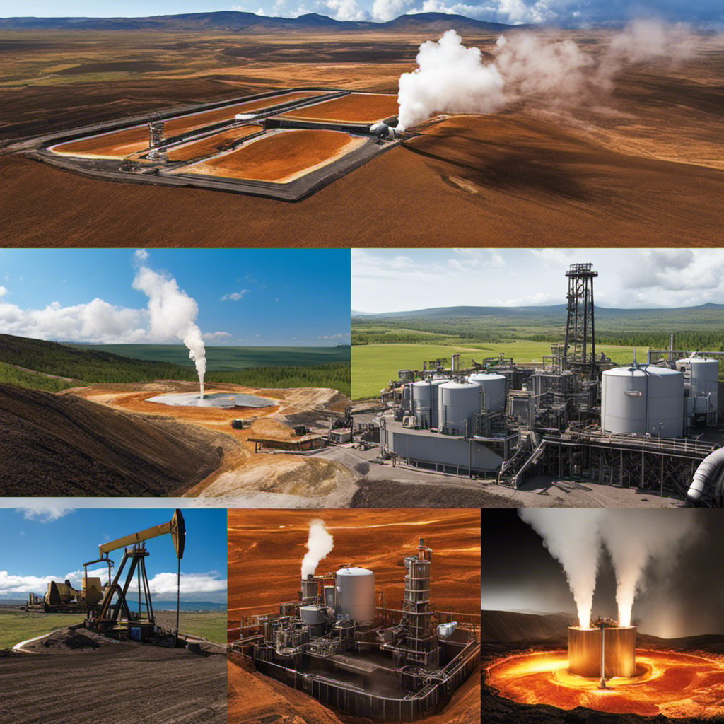 An image showcasing the intricate process of harnessing geothermal energy: deep below the Earth's surface, visualize the drilling of wells, the extraction of hot water or steam, and the conversion into electricity through turbines
