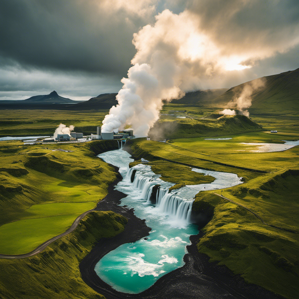 An image capturing Iceland's geothermal power plants with billowing steam against a backdrop of lush green landscapes