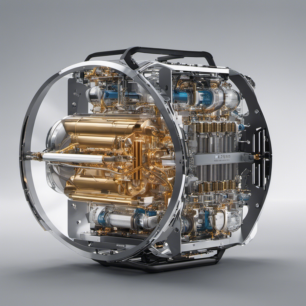 An image capturing the intricate inner workings of a hydrogen fuel cell, showcasing its stack of proton exchange membranes, electrodes, and catalysts, all enclosed within a sleek and futuristic casing