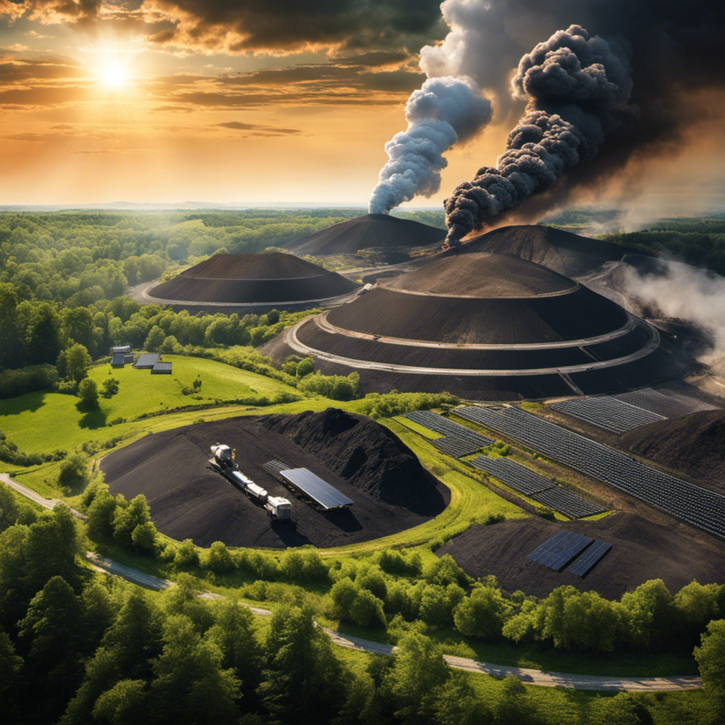 An image showing two contrasting landscapes side by side: a coal mine with towering black mounds, billowing smoke, and heavy machinery on one side; and a solar farm with gleaming panels, lush green surroundings, and bright sunlight on the other