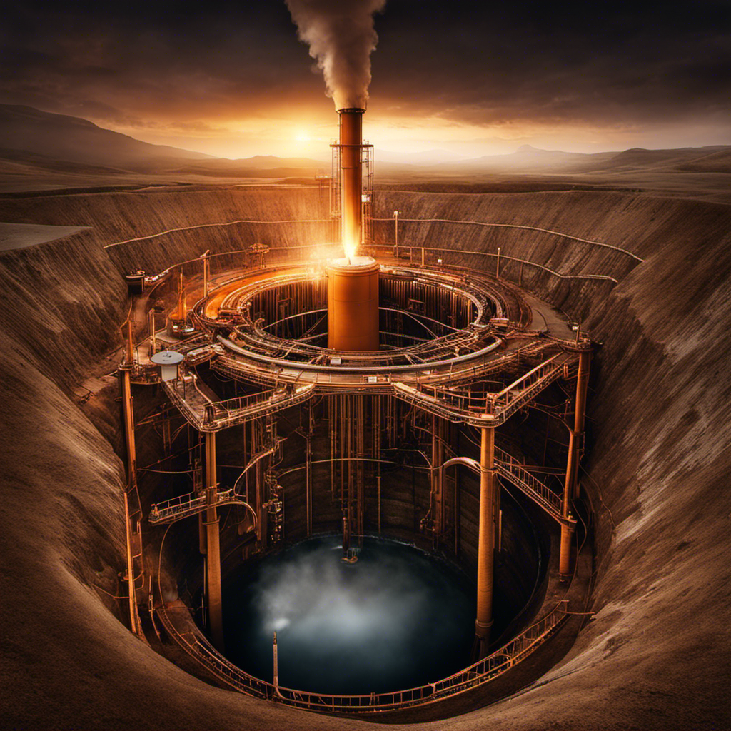 An image of a deep well drilled into the Earth's surface, showcasing a network of intricate pipes that transport hot water and steam from underground reservoirs to the surface, symbolizing the process of acquiring geothermal energy