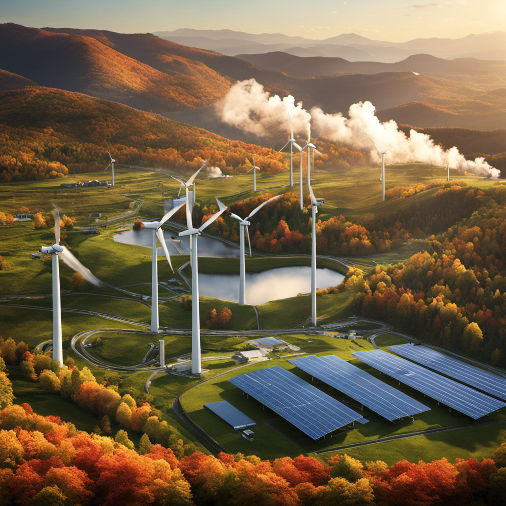 An image featuring a vibrant geothermal power plant nestled in a lush valley, surrounded by towering wind turbines and solar panels