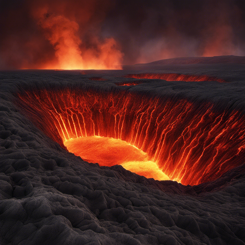 An image depicting a vast underground reservoir of scorching magma, seeping into a network of narrow, convoluted channels