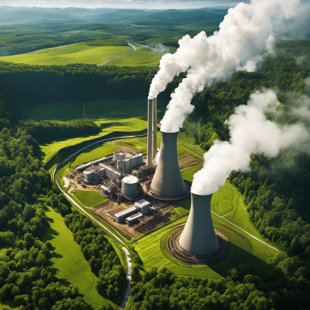 An image depicting a towering geothermal power plant surrounded by lush green landscapes