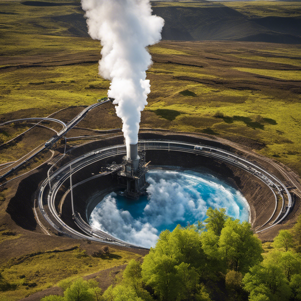 An image that showcases the process of harnessing geothermal energy: a deep well penetrating the Earth's surface, heat transferring to a water-filled loop, and a power plant generating electricity from the steam