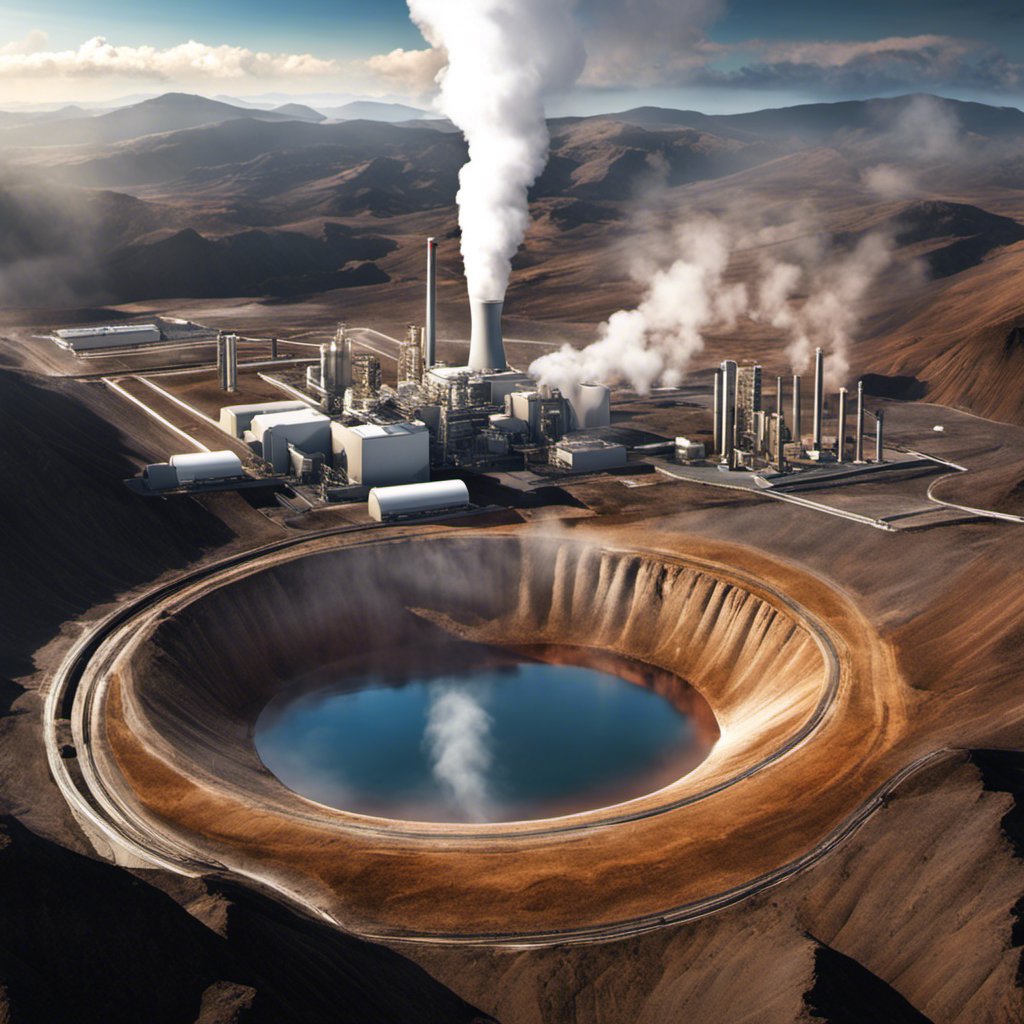 An image illustrating a vast geothermal power plant, nestled amidst a volcanic landscape