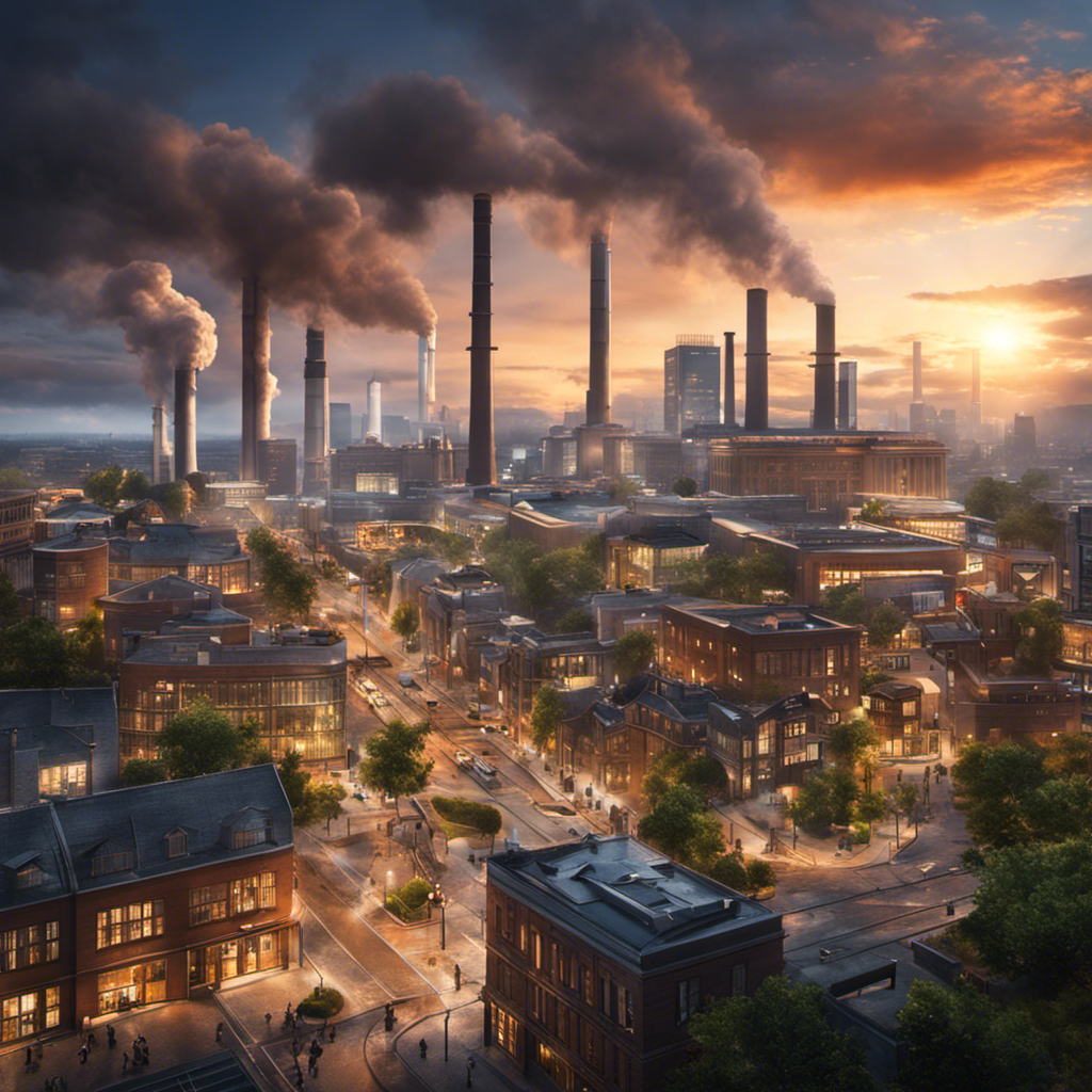 An image showcasing a modern cityscape with buildings powered by geothermal energy, where smokestacks are replaced by geothermal power plants emitting clean steam, and electric vehicles dominate the streets