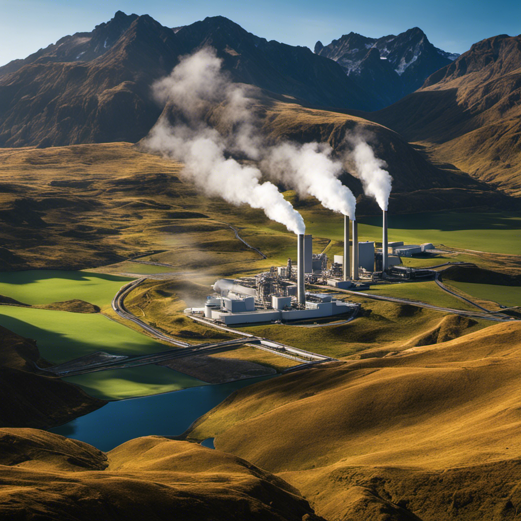 An image showcasing a serene landscape with a geothermal power plant nestled among towering mountains
